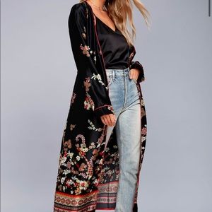 Black Print Satin Kimono Top